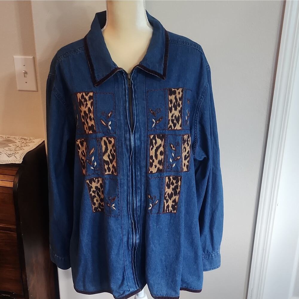 Erika II & Co. Leopard Print Zip Front Jacket Blue Long Sleeve Mid-Length 3X